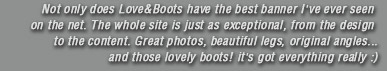Not only does Love&Boots have the best banner I've ever seen on the net. The whole site is just as exceptional, from the design to the content. Great photos, beautiful legs, original angles... and those lovely boots! it's got everything really