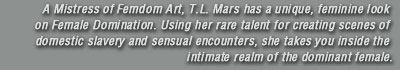A Mistress of Femdom Art, T.L. Mars has a unique, feminine look on Female Domination. Using her rare talent for creating scenes of domestic slavery and sensual encounters, she takes you inside the intimate realm of the dominant female.